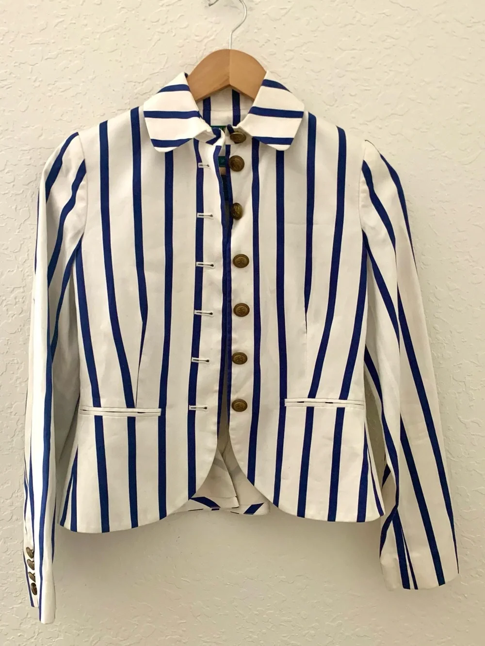 Ralph Lauren Navy Blue & White Nautical Striped Button-Front Jacket Blazer